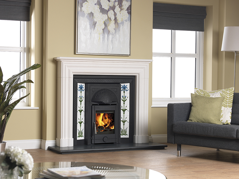 polaris integra aston with flag iris (ivory blue) tiles - kensington (turkish limestone) mantel